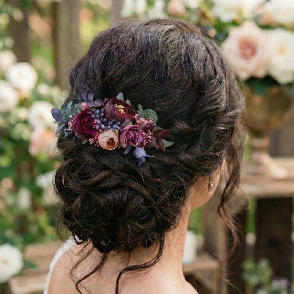 Burgundy Floral Wedding Hair Comb: Plum, Beige, Lavender